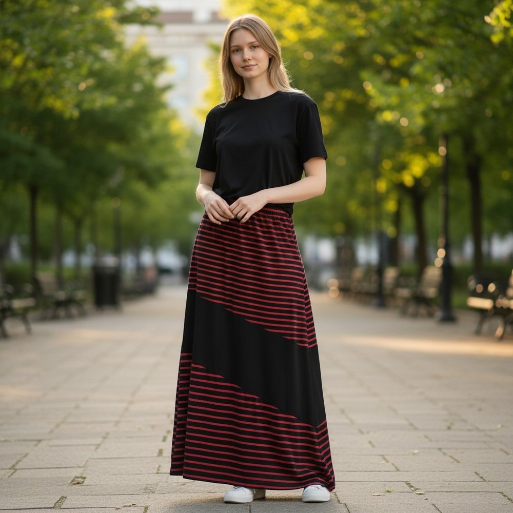 Dynamite Black Red Striped Asymmetrical Panel Jersey Knit Maxi Skirt Large